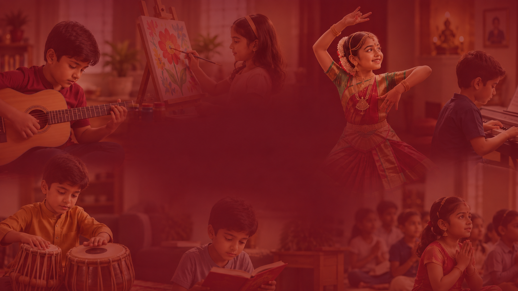 Children exploring music, painting, Bharatanatyam and reading